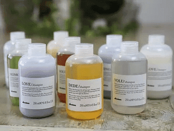Bottles of various shampoos with labels displayed on a wooden surface.